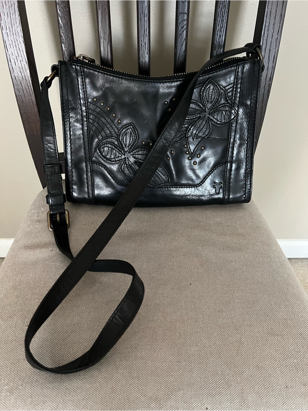Frye Black Floral-Embossed Leather Crossbody